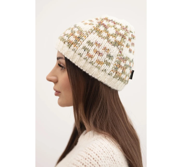 Zimná čiapka pre ženy s farebným vláknom a hrubým úpletom K355 ecru+khaki+dark pink