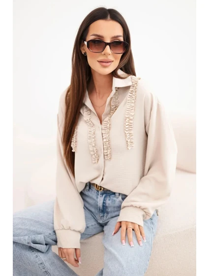 Dámská košile z viskózy s dlouhým rukávem a volánky béžová