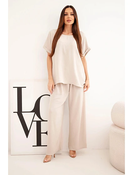 Plus veľkosť dámske blúzka a široké nohavice nastaviť béžová