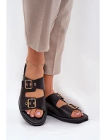 Skórzane Płaskie Klapki Z Klamrami Zazoo 3020 Czarne