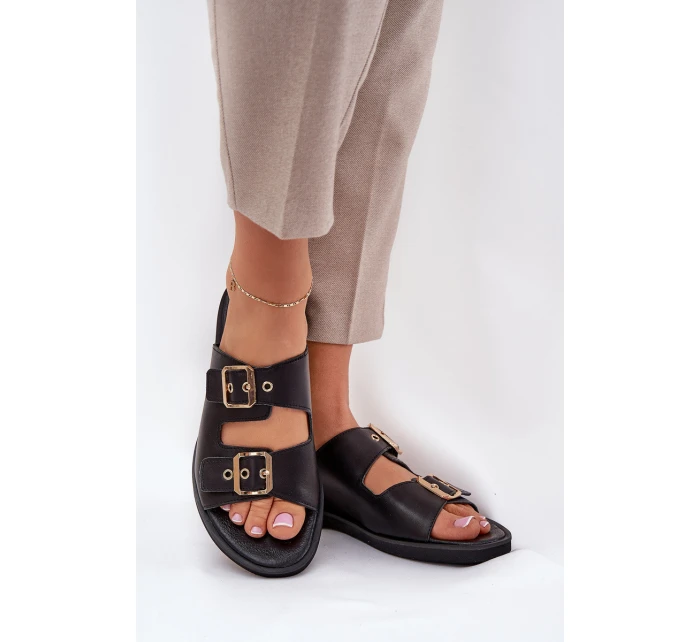 Skórzane Płaskie Klapki Z Klamrami Zazoo 3020 Czarne