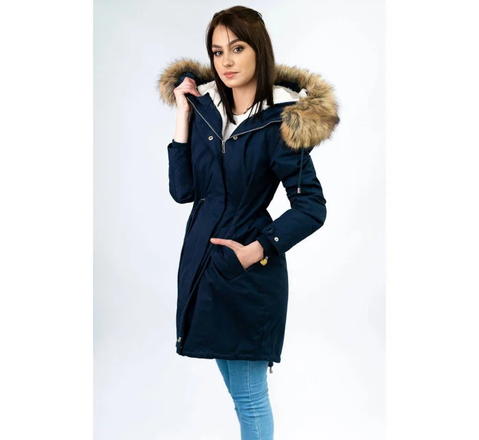 Tmavě modrá dámská zimní bunda parka s kapucí a odepínací kožešinovou podšívkou model 21242084 - Libland