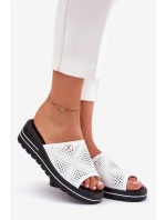 Skórzane Klapki Damskie Na Koturnie Vinceza 41477 Białe