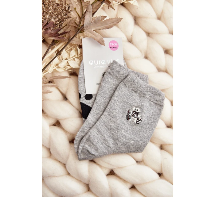 Bawełniane Skarpety Damskie Z Naszywką Miś Szare