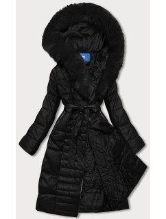 Čierna dámska bunda s kožušinovým golierom (AG6-28)