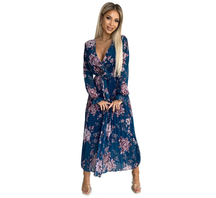 519-3 Plisované šifónové dlhé šaty s výstrihom, dlhými rukávmi a opaskom - MODRÉ s kvetmi 519-3 Plisované šifónové dlhé šaty s výstrihom, dlhými rukávmi a opaskom - MODRÉ s kvetmi