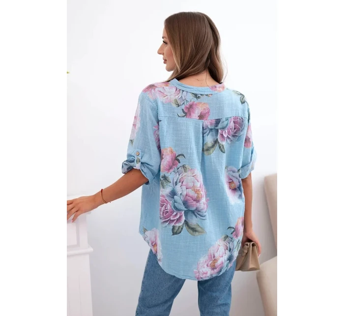 Dámska bavlnená blúzka s kvetinovým vzorom modrá Dámska bavlnená blúzka s kvetinovým vzorom modrá