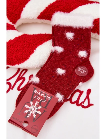 Dětské Vánoční Ponožky Srdíčka S Kožešinou Vlna Alpak Červené