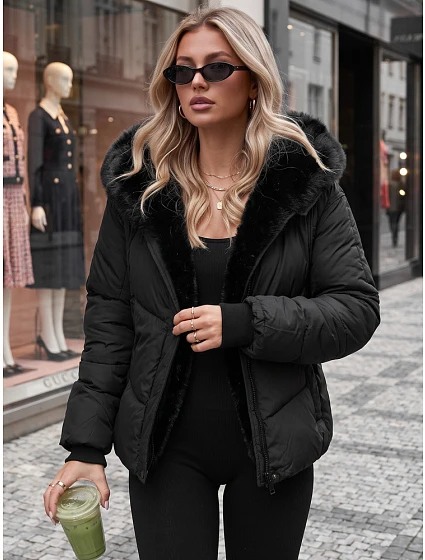 Dámska zimná prešívaná bunda s kožušinou, čierna, FashionStreet TY5982 Dámska zimná prešívaná bunda s kožušinou, čierna, FashionStreet TY5982