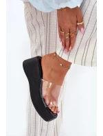 Klapki Damskie Z Transparentnym Paskiem Na Koturnie Czarne Meltiana