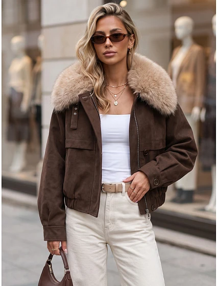 Dámska zimná bunda zo semišu s kožušinou, hnedá, FashionStreet TY5694 Dámska zimná bunda zo semišu s kožušinou, hnedá, FashionStreet TY5694