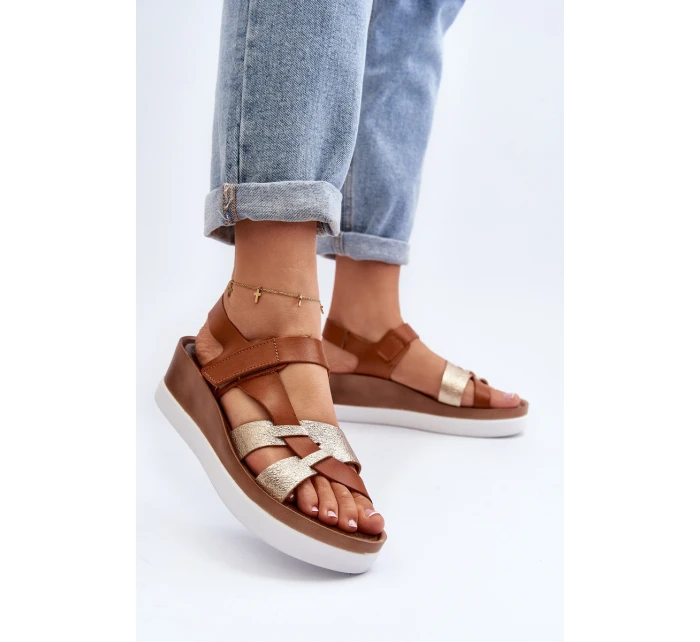 model 21648135 Dámské Kožené Sandály na Platformě Hnědé - Zazoo