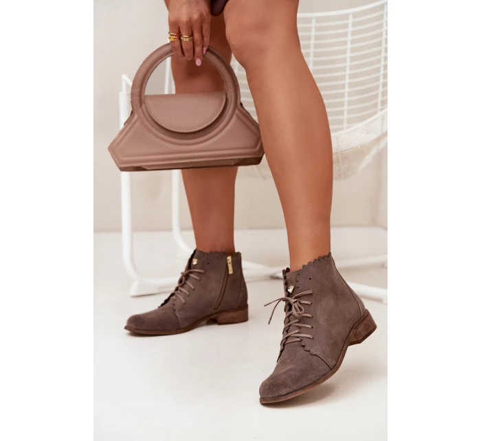 Zazoo 2964 Zamszowe Botki Na Płaskim Obcasie Ciemnobeżowe