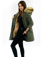 Teplá dámska zimná bunda parka v khaki farbe s odopínacou podšívkou (W164)