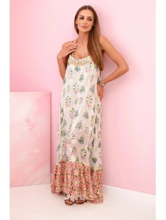 Dámské šaty na ramínka ze světlé viskózy s volánem korálový