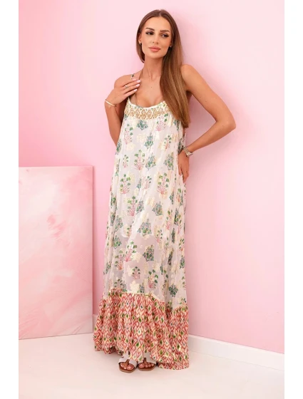 Dámské šaty na ramínka ze světlé viskózy s volánem korálový