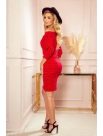 Dámske športové šaty so zaväzovaním a kapsičkami, červaná farba s čiernymi bodkami 13-128 Dámske športové šaty so zaväzovaním a kapsičkami, červaná farba s čiernymi bodkami 13-128