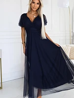 562-1 NASTIA Dlhé šaty s výstrihom a krátkymi rukávmi - ZELENÉ