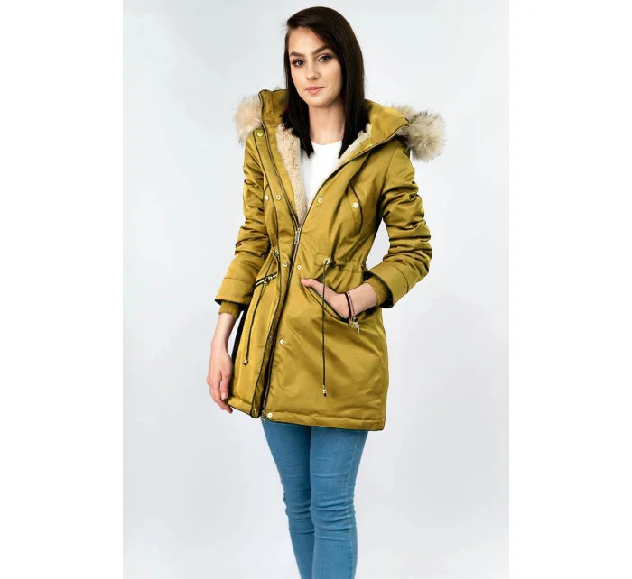 Žltá dámska zimná bunda s podšívkou z machovej kožušiny (b2623) Žltá dámska zimná bunda s podšívkou z machovej kožušiny (b2623)