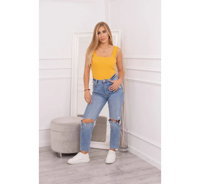 Halenka bez ramínek s volánky v hořčicové barvě Halenka bez ramínek s volánky v hořčicové barvě