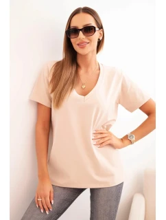 Dámská bavlněná blůza s výstřihem do V a krátkým rukávem béžová