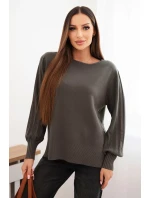 Dámsky viskózový sveter s dlhým rukávom a bočným rozparkom khaki