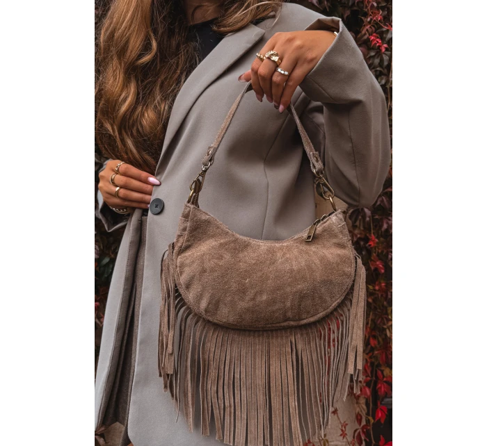 Kožená semišová kabelka s třásněmi tmavě béžová Aurelisse