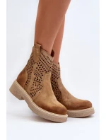Zazoo 3470 Zamszowe Botki Damskie Na Płaskim Obcasie Ażurowe Beżowe