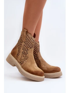 Zazoo 3470 Zamszowe Botki Damskie Na Płaskim Obcasie Ażurowe Beżowe