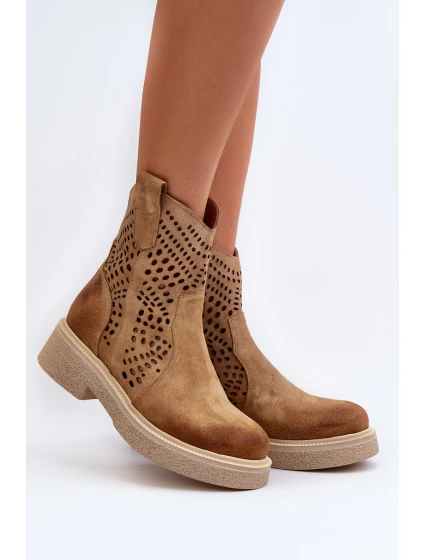 Zazoo 3470 Zamszowe Botki Damskie Na Płaskim Obcasie Ażurowe Beżowe