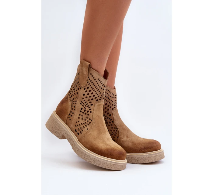 Zazoo 3470 Zamszowe Botki Damskie Na Płaskim Obcasie Ażurowe Beżowe