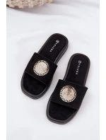 Klapki Damskie Ze Złotą Ozdobą Czarne Kaliora Klapki Damskie Ze Złotą Ozdobą Czarne Kaliora