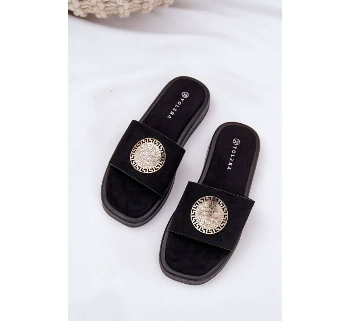 Klapki Damskie Ze Złotą Ozdobą Czarne Kaliora Klapki Damskie Ze Złotą Ozdobą Czarne Kaliora