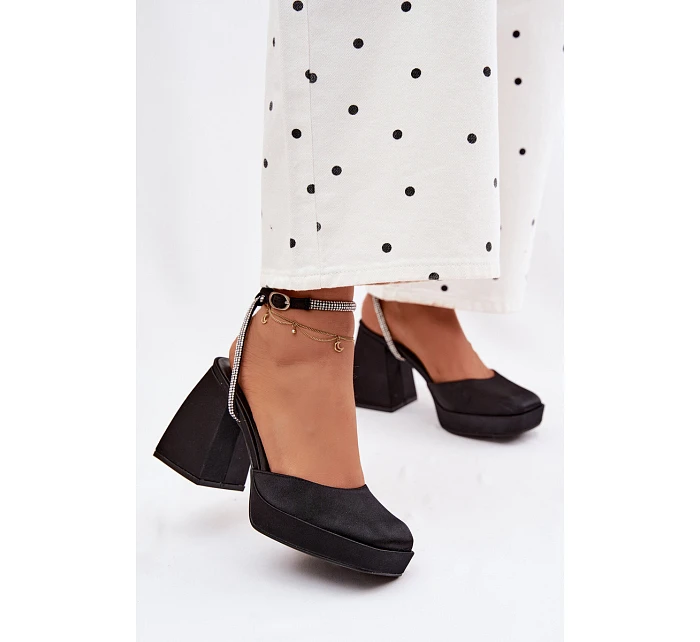 Dámské sandály na masivním podpatku ve tvaru sloupku s páskem se štrasem Černé Seraphina