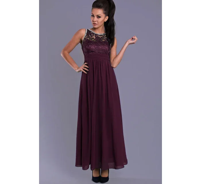 Dámské společenské šaty EVA model 15089591 s krajkou a kamínky dlouhé tmavě modrá - EVA&LOLA