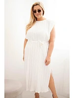 Dámské šaty Plus Size viskózové plisované s vázáním ecru