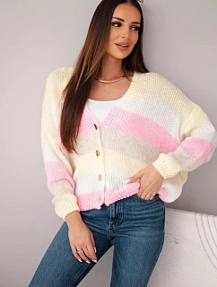 Dámský pruhovaný svetr model 22293732 na knoflíky žlutý - K-Fashion