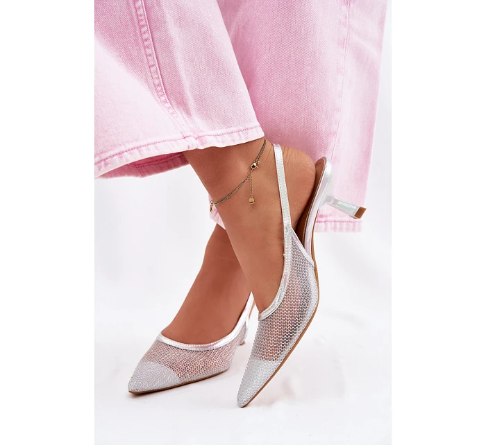 Calora Stříbrné Síťované Sandály Na Úzkém Podpatku