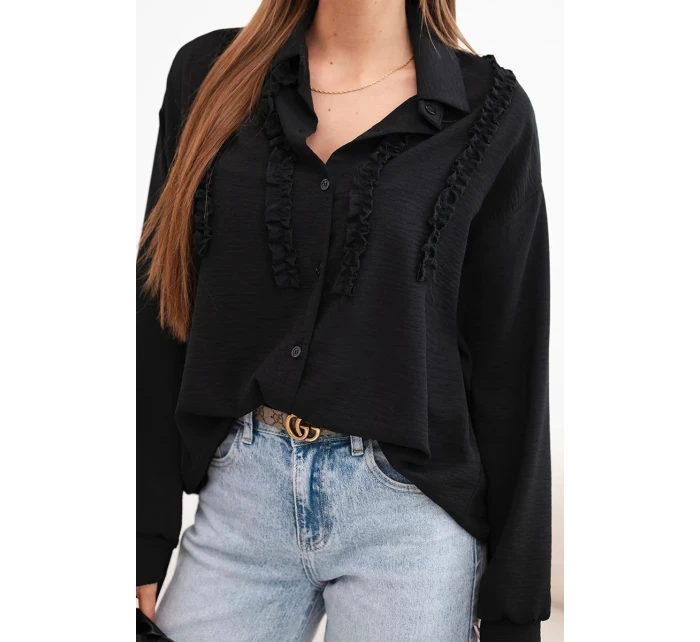 Dámská viskózová košile s dlouhým rukávem a volánky černá