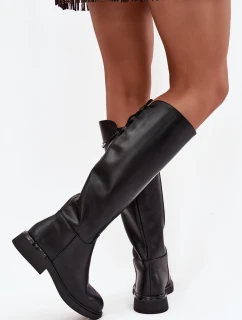 Zateplené dámské kozačky z pravé kůže na nízkém podpatku model 21713362 Černé - VINCEZA