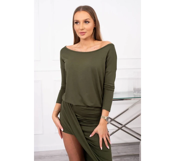 Asymetrické šaty s 3/4 rukávmi v khaki farbe