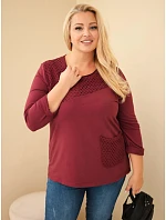Dámská bavlněná mikina Plus Size s krajkovým vsadkou a kapsou bordó