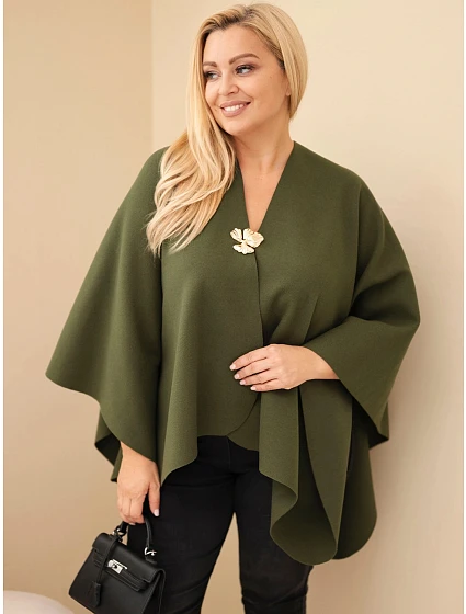 Dámské pončo Plus Size s broží zelená khaki Dámské pončo Plus Size s broží zelená khaki