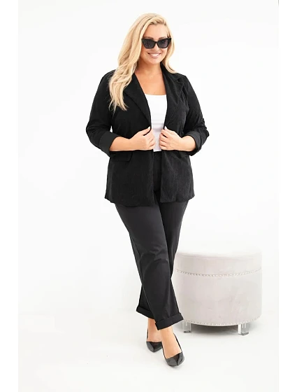 Dámské sako Plus Size manšestrové s klopami a kapsami černá
