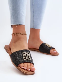 Płaskie Klapki Damskie Z Plecionką I Ozdobą Czarne Omenna