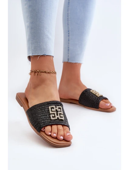 Ploché dámské žabky s pletením a ozdobou černé model 21657874 - EVENTO