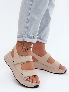 Kožené dámské sandály na platformě na suchý zip Béžové model 22136692 - EVENTO
