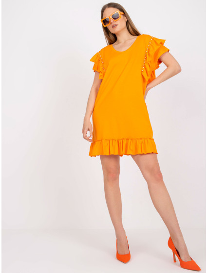 Oranžové šaty s volánom a aplikáciami na rukávoch