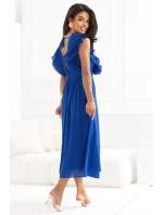 367-3 YANA Midi šaty so skladanými volánmi a výstrihom - chrpová