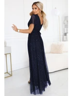 dlouhé lesklé šaty s výstřihem a krátkými rukávy tmavě modré model 21777396 - numoco basic
